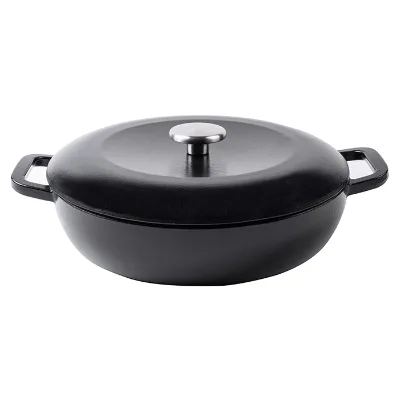 OEM Factory Shallow Matte Black Cast Iron Casserole Dish with Lid 30cm Round Braiser Pot Manufacturer Price