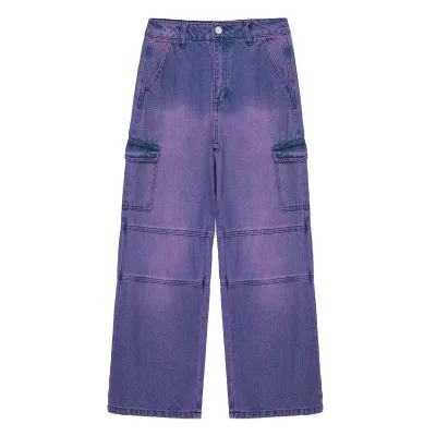 Multiple Pockets Functionality Fashion Ideal MensTrendy Casual Wear Stylish Purple Dyed Denim Wide Leg Cargo Style Pants