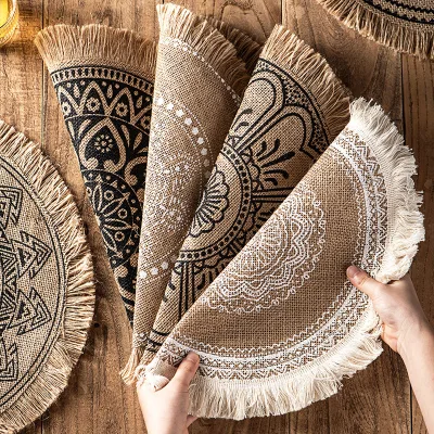 Japanese-style Handmade Woven Cloth Tassel Placemat Vintage Dining Table Heat-resistant coaster Instagram-inspired Mat