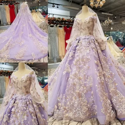 Beautiful 3D Flowers Pearl Spaghetti Strap Purple Wedding Dress