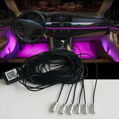 Car Light Accessories Atmosphere Lamps 6 in 1 Multicolor Fiber Optic 5M Car Interior Ambient Decorative APP/Remote Control