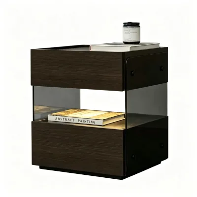 Italian-style Minimalist Modern Nordic Bedside Table with Tempered Glass Top Wood Material Simple Design for Bedroom Storage