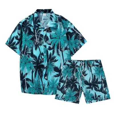 Wholesale Men's Flower Shirt Hawaiian Sets Casual Button Down Short Sleeve Shirt & Shorts