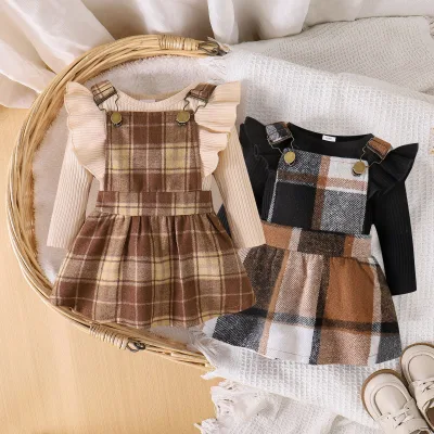 Kids Clothing Spring Autumn Winter New Arrival Baby Girls Casual Long-Sleeved Cotton 2-Piece Romper Plaid Suspender Skirt Set UV