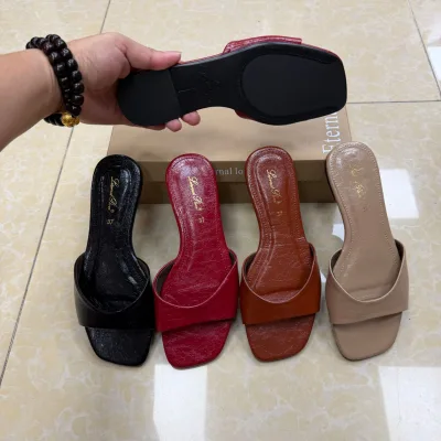 New Summer French Style Women Nude Patent Leather Flat Sandals Open Toe Slip on Minimalist Elegant Slide Slippers