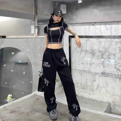 Summer Streetwear Embroidery Jogging Pants Low Waist Stacked Sweat Pants Women Puff Print Pants Jogger Y2K