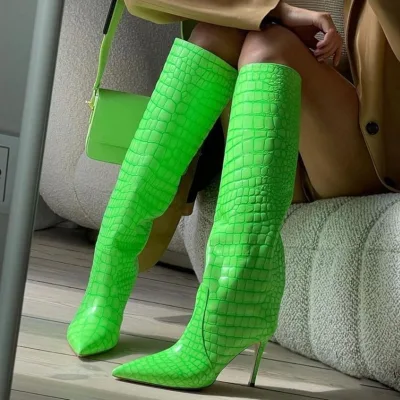 Florescent Green Animal Print Leather Boots Short Knee High Winter Fashion Shoes Booty Pointed Toe Heel Big Size 43