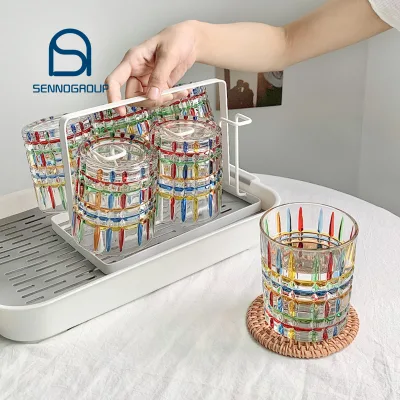 Creative Italy Colorful Lines Hand Painted Woven Pattern Whiskey Glasses Water Tumbler Glass Cups Set with Holder