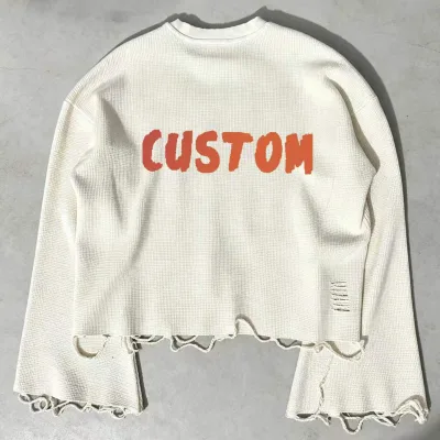 Sweatwear Heavyweight Distressed Raw Cut Hem Boxy Acid Wash Tee Shirt Custom Graphic Cropped Waffle Knit Long Sleeve T Shirts