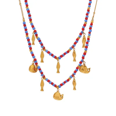 The Fashion Ocean Collection Boho Style Dolphin Pendant Necklace with Glass Beaded Collarbone
