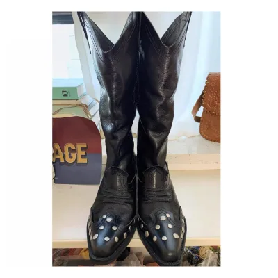 Pile Boots Winter Autumn Retro Heavy Industry Rivets Genuine Leather Pointed Toe High Heels Slim Versatile Over-the-Knee Western