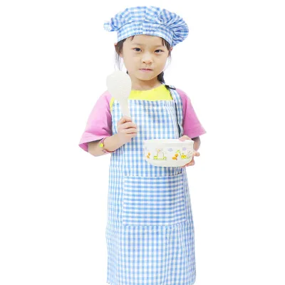 Adjustable Neck Strap Kids Cooking Apron Set Blue Plaid Pattern Chefs Hat Fashionable Canvas Design