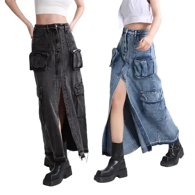 Gray Blue Pockets Split Cargo Skirt Streetwear Vintage Low Waist Multi-pocket Retro Wash Long Denim Skirts Dress for Women