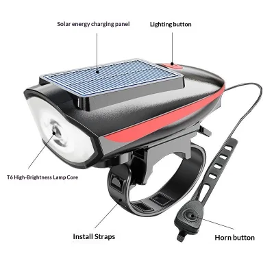 Solar Mountain Bike Light Strong Light Night Riding Cycling Bell Super Loud Universal Road Bike Bicycle Front Light Horn Model