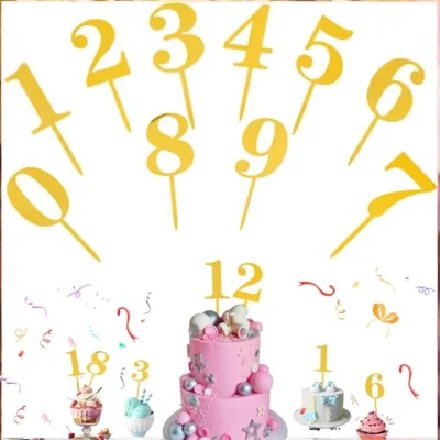 10 Pieces Acrylic Reusable Golden Numbers Cake Decorations for Birthday Parties 0-9 Years & All Ages