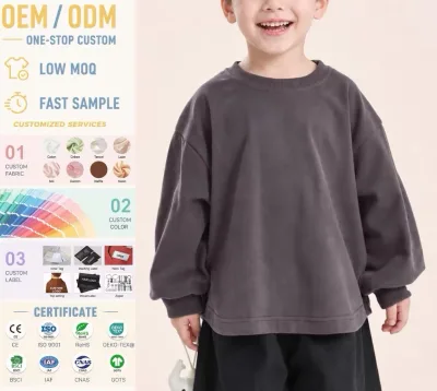 Custom Kids Boys Long Sleeve Drop Shoulder Oversized T-Shirts Private Label 100% Cotton Basic Toddler Baby Unisex Baggy Tees