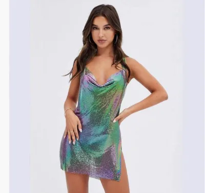 MOQ 1 Fashion Sexy Party Beachwear Womens High Split Knee Length Evening Green Sequin Dresses