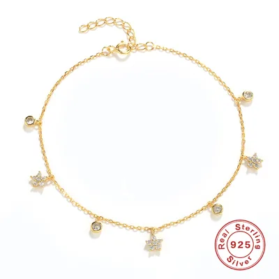S925 Sterling Silver Bohemian Style Gold Plated Multiple Small Accessories Zircon-inlaid Personalized Flower-shaped Anklet Foot