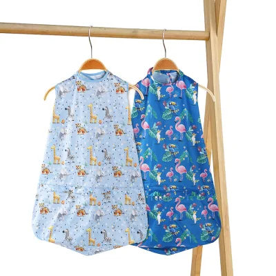 Parent-Loved Reusable PUL Baby Aprons Blue Cartoon Design Sleeve Less Baby Bibs for Baby Eating Time