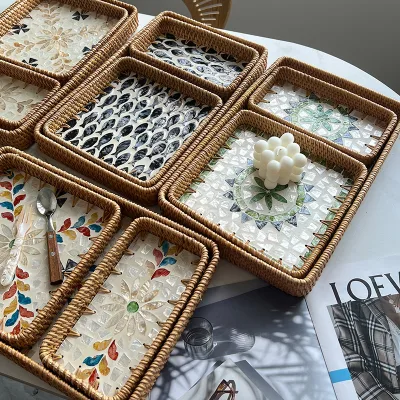 Home Dessert Basket Candy Shell Color Restaurant Advanced Rectangle Cutlery Tray Rattan Fruit Tray Storage Tray