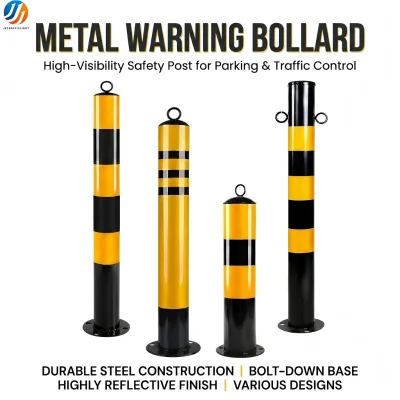 Metal Traffic Safety Bollard Yellow Black Reflective Warning Security Post for Parking Road with Rings