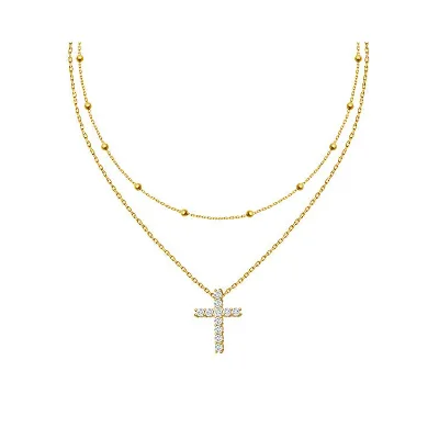 925 Sterling Silver Gold Multi Strand Necklace Cross Beads Layer Necklace Jewelry