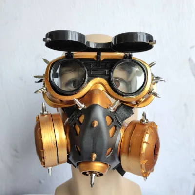 Gold Punk Gothic Adults Latex Face Mask Steampunk Gas Mask Masquerade Halloween Cosplay Accessories with Goggles
