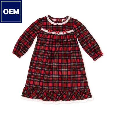 Christmas Holiday Baby Dress Red Custom OEM Tartan Plaid Long Nightgown for Infant Girls