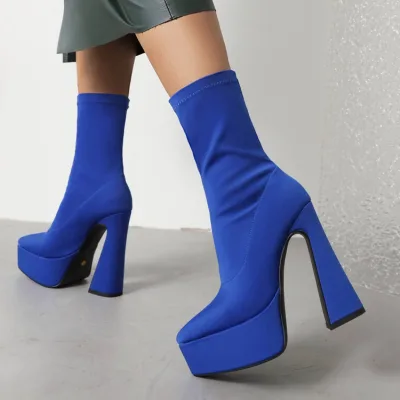 Women Platform Ankle Boots Satin Cloth Chunky High Heel All Season Shoes Black Red Blue Purple Rosy Sizes 34 45 for Women