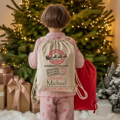 Red Beige Backpack with Drawstring Printing Reindeer Cotton String Personalize Christmas Santa Sack for Christmas