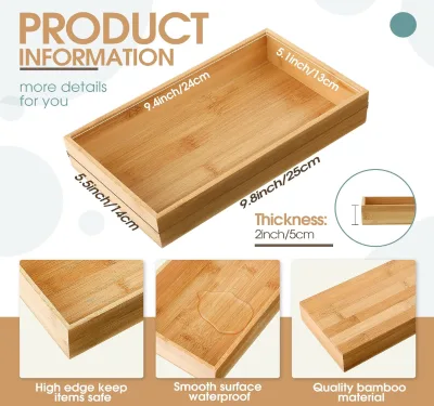 Bamboo Trays Set of 2 Rectangular Bamboo Organizer Bins for Kitchen Drawer and Bathroom Vanity Storage Eco Friendly Wood Trays