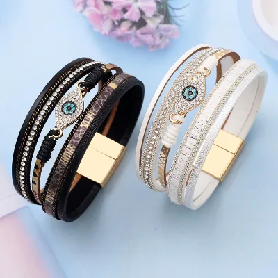 Retro-style Diamond-encrusted  Multi-layer PU Leather Magnetic Clasp Bracelet in Bohemian Style