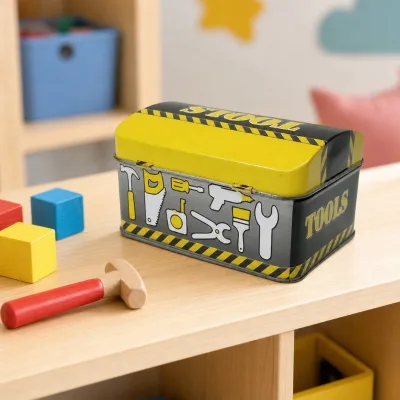 Recyclable Yellow Small Metal Tool Storage Box with Lock for Kids Toys Cartoon Tin Box