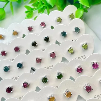 Wholesale Natural Crystal Jewelry Healing Stones Rainbow Tourmaline Stud Earring for Gift