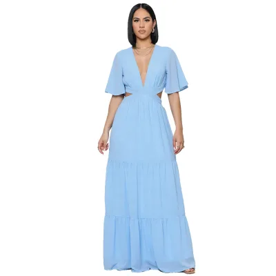 Elegant Women's Long Chiffon Maxi Dress V-Neck Hollow Out Waist Solid Dyed ODM Sustainable Washable