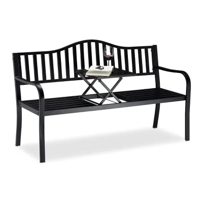 3-Seater Garden Black Robust Bench with Folding Table, Backrest and Armrest for Park, Beach, Pool, Garden and Outdoor