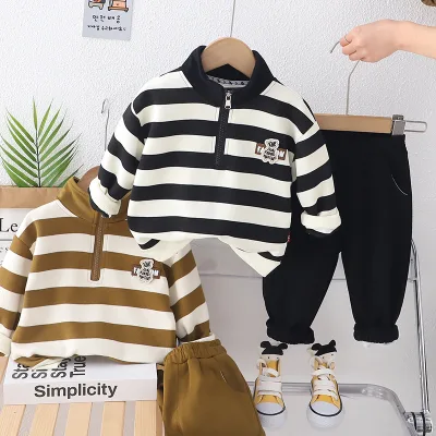 Spring New Boys' Bear Suit 1-5 Years Old Striped Stand Collar Half Zipper Long-sleeved Cotton Casual Sweater
