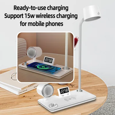 4-in-1 Smart Audio Modern Eye-Caring LED Table Lamp with Touch Control 3-Color Stepless Dimmable Speaker & Clock