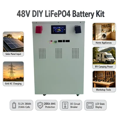 Movable Vertical DIY Battery Case Kit 15KWh 48V 51.2V 200A JK BMS LiFePO4 280Ah 314Ah Display