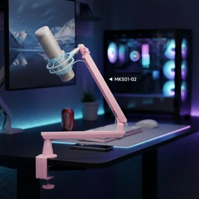 Pink Professional Microphone Stand Adjustable Boom Arm 360° Rotation Aluminum Alloy Mount with Built-in Cable Management TUV