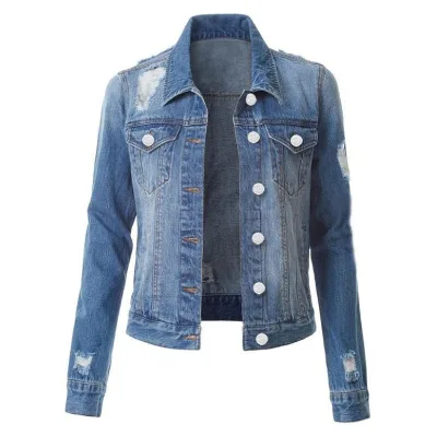 RNSHANGER Denim Jacket Hole Long Sleeves Women Clothing Autumn and Winter Fashion Classic Denim Jacket Ripped Large Size S-3XL