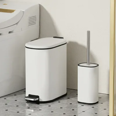 10L Bathroom Trash Can with Toilet Brush Small Beautiful Garbage Container Slim Design White Toilet Set for Indoor Household