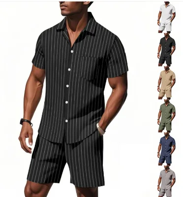 Men's Linen Striped Two Piece Set - Short Sleeve Button Down Shirt & Shorts Casual Summer Outfit
