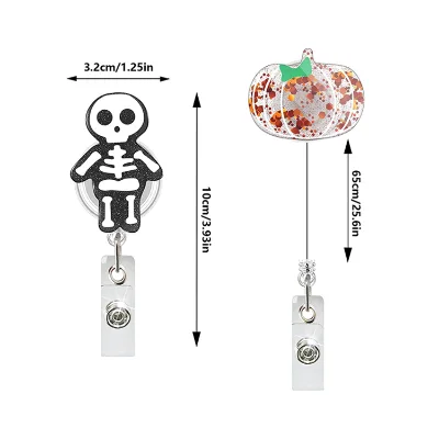 Various Acrylic Glitter Halloween Custom Retractable Resin Badge Reel Badge Holder Accessories Featuring Skeleton Pumpkin Black