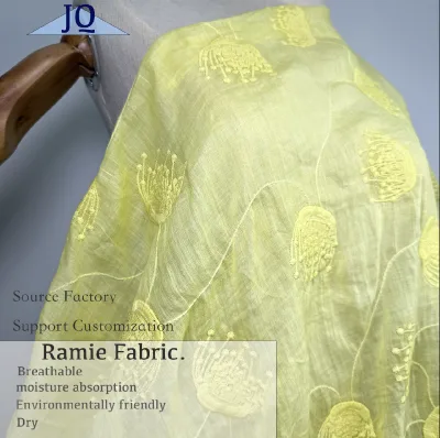 Manufacture New Design  100% Ramie Fabric Embroidery Floral Ramie Fabric for Dress Curtain Embroidered Linen Fabric