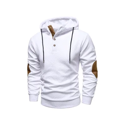 Men's Textured Pullover Hoodie with Button Placket and Contrast Patches for Casual Daily Wear and Urban Street Style