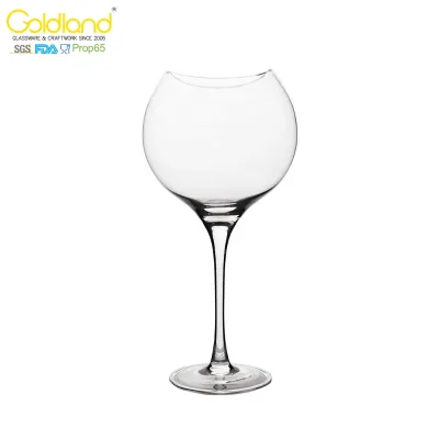 Unique Rim Balloon Wine Glass Custom Curved Rim Wine Goblet Handmade Long Stem Red Wine Glass