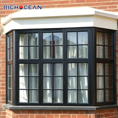 RICHOCEAN Traditional Black Aluminum Bay Window Weatherproof Multi Point Lock Acoustic Glass Modern Apartment Windows