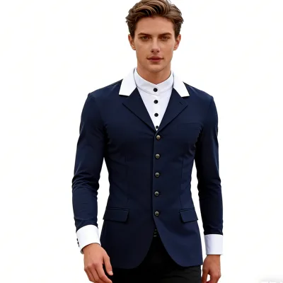 Wholesale Men's Navy Blue Equestrian Show Jacket Slim Fit White Collar Horse Riding Competition Coat Dressage Show Jumping