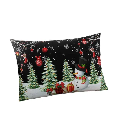 Christmas Snowman Xmas Tree Black Background Soft Brushed Microfiber Pillowcases with Hidden Zipper Closure Bed Pillow